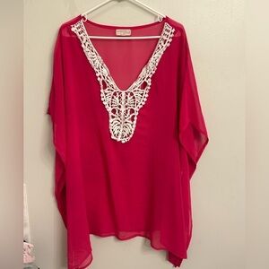 Hot pink beach swimwear cover up w white crotchet accents. Woman's size plus 1X